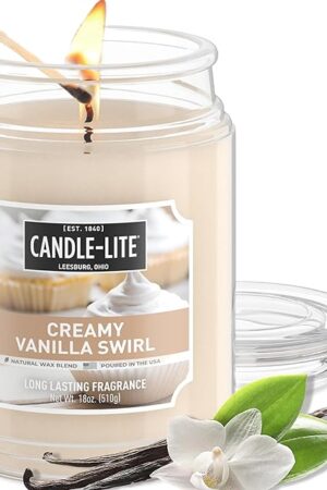 Candle-lite Fall Scented Candles, Creamy Vanilla Swirl, 18 oz Jar, Proudly Poured in The USA, Aromatherapy Candle, Single-Wick with 110 Hours of Burn Time, Perfect for Creating a Relaxing Ambiance