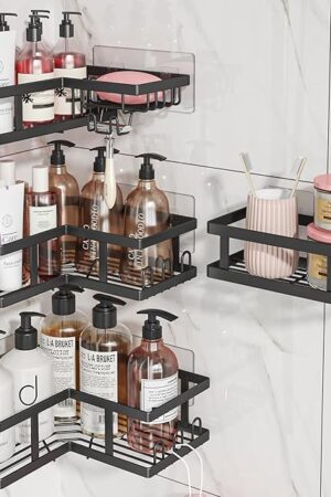 Adhesive Corner Shower Caddy with Soap Holder - Rustproof, No Drilling Shelves Wall Mounted, Organizer for Bathroom, Kitchen & Home Decor. Black, 4-Pack