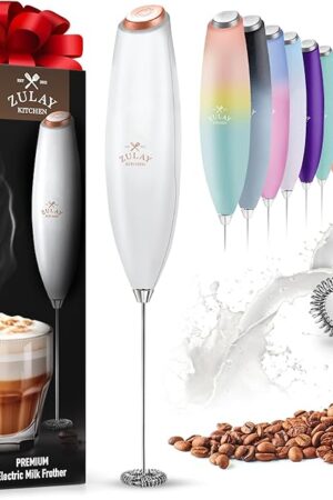 Zulay Powerful Milk Frother for Coffee with Powerful Motor - Frother Handheld Electric Whisk, Milk Foamer, Mini Mixer, Handheld Frother for Matcha, No Stand - Exec White with Rose Gold Button