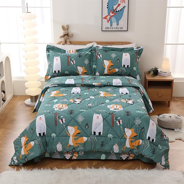JSD Green Forest Animals Comforter Set Twin Size 2 Piece Woodland Printed Microfiber