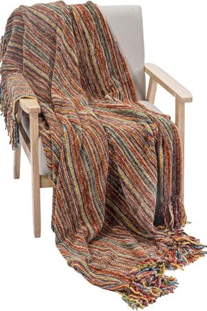 DECOMALL Decorative Throw Blanket with Fringe Soft Striped Multi Color Throws for Couch Sofa Armchair Bed 50?x 60? (Red Multi, 50?x 60?)