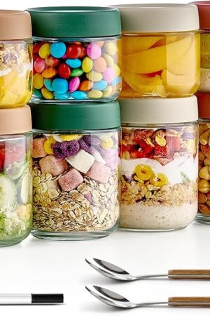 8 Pack Overnight Oats Containers with Lids, Large & Small Glass Mason Jars 16oz & 10 oz, Breakfast Oatmeal Container to Go, Salad Meal Prep Jars for Food Storage, Mush Chia Seed Pudding Jars