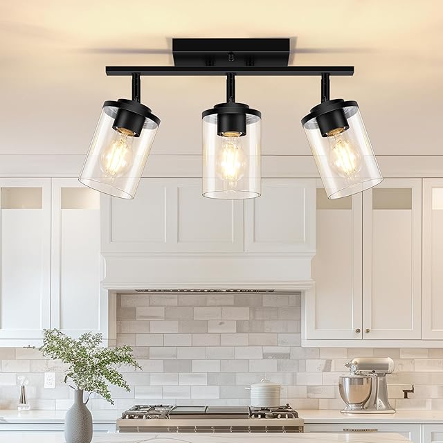 FadimiKoo 3-Lights Semi Flush Mount Ceiling Light, Adjustable Kitchen Light Fixtures Ceiling Mount with Clear Glass Shades, Rotatable Black Track Lighting Fixtures for Hallway, Foyer, Bedroom