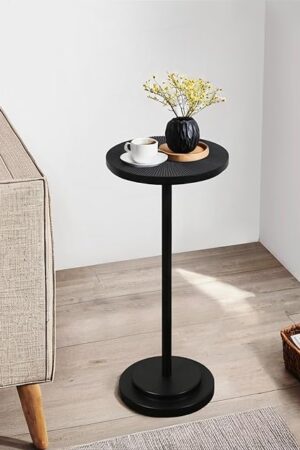 Drink Table, Carved Table Top Martini Table, Small Side Table, Weighted Base Pedestal Table for Living Room, Bedroom, Modern, Black, 1-Pack
