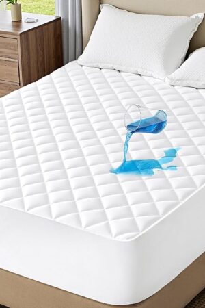 Bedsure Queen Mattress Protector, Quilted Waterproof Mattress Protector with Deep Pocket up to 22 Inches, Soft Breathable Noiseless Bed Pad Topper, Queen Bed Cover for Home, Bedroom, Hotel – White
