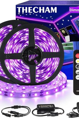 80ft Black Lights Strip with Remote, 1440 LEDs, 12V Flexible Blackights for Glow Party, Adjust Brightness, Delay Off, 3 Light Modes, Indoor Fluorescent Party, Stage Lighting