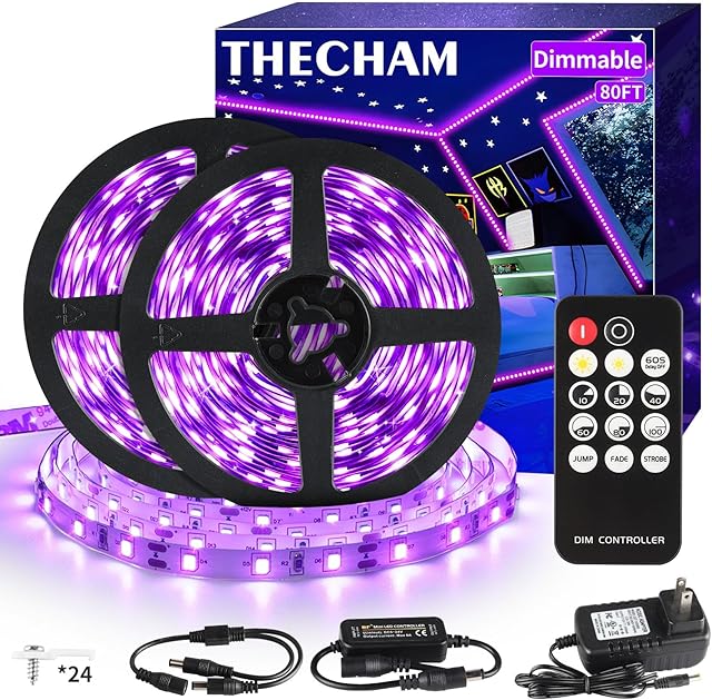 80ft Black Lights Strip with Remote, 1440 LEDs, 12V Flexible Blackights for Glow Party, Adjust Brightness, Delay Off, 3 Light Modes, Indoor Fluorescent Party, Stage Lighting