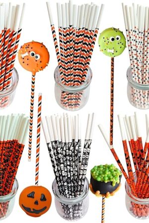 6 Inches Halloween Cake Pop Sticks, Black Orange Colorful Cake Pop Sticks, Cake Ball Sticks, 102 Pcs Black Orange Colord Paper Sticks for Cake Pops and Lollipops