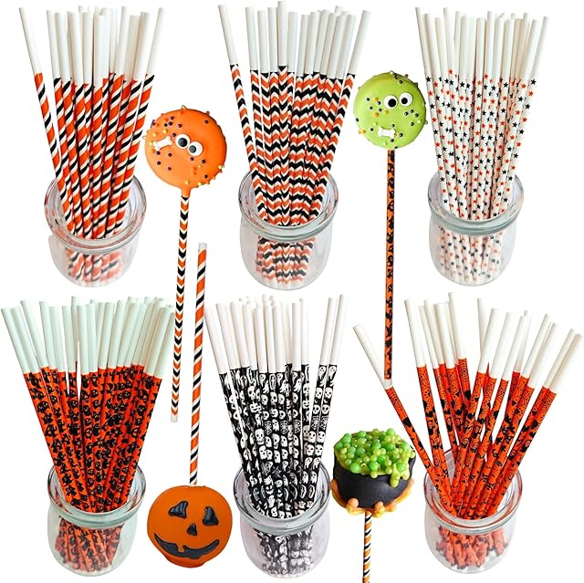 6 Inches Halloween Cake Pop Sticks, Black Orange Colorful Cake Pop Sticks, Cake Ball Sticks, 102 Pcs Black Orange Colord Paper Sticks for Cake Pops and Lollipops