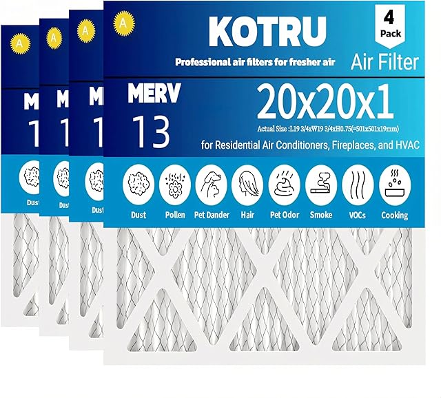 20x20x1 Air Filter MERV 13 Electrostatic Pleated Air Filter (4-Pack) for Residential Air Conditioners, Fireplaces, and HVAC (Actual Size: 19.5 x 19.5 x 0.75 inches)