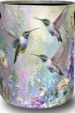 Beautiful Hummingbird Laundry Basket Oxford Cloth Colorful Floral Flower Laundry Hamper With Handle Foldable Portable Clothes Storage Basket Laundry Bag 18.9"x16.5" For Laundry Room/Bedroom/Bathrooms