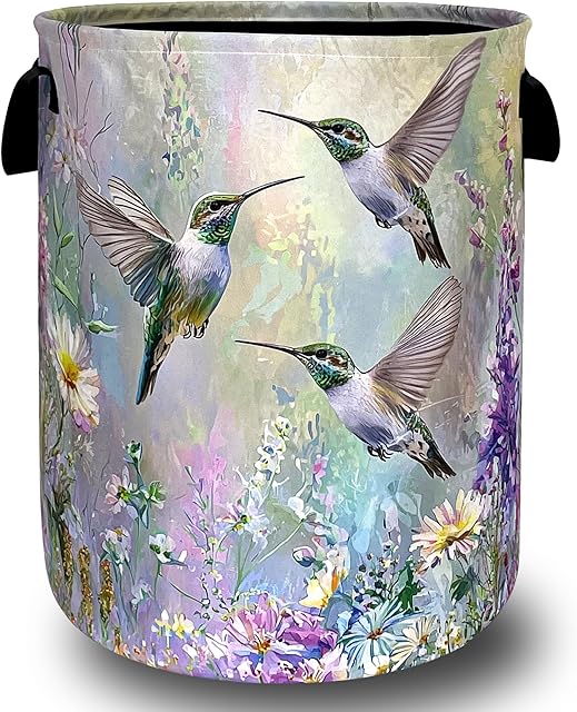 Beautiful Hummingbird Laundry Basket Oxford Cloth Colorful Floral Flower Laundry Hamper With Handle Foldable Portable Clothes Storage Basket Laundry Bag 18.9"x16.5" For Laundry Room/Bedroom/Bathrooms