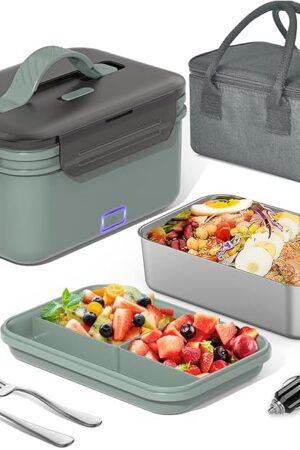 Electric Lunch Box Food Heater 100W, 4 in 1 Ultra Quick Heated Lunch Boxes for Adults 12V/24V/110V/220V Portable Food Warmer for Car/Truck/Office With Fork Spoon and Insulated Carry Bag