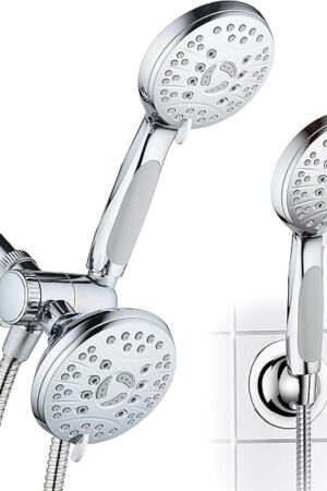 AquaSpa High Pressure 48-mode Luxury 3-way Combo – Dual Rain & Handheld Shower Head – Extra Long 6 Foot Stainless Steel Hose – Anti Slip Grip – All Chrome Finish – Extra Wall Bracket