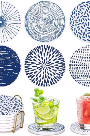 Absorbent Coasters Set of 6 Round Ceramic Coasters for Drinks Modern Blue Boho Coaster with Holder for Coffee Table Decor, Outdoor, Desk