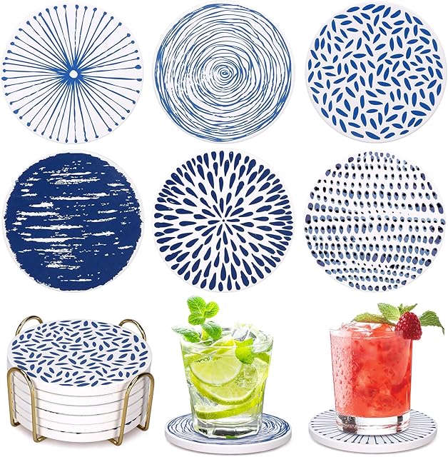 Absorbent Coasters Set of 6 Round Ceramic Coasters for Drinks Modern Blue Boho Coaster with Holder for Coffee Table Decor, Outdoor, Desk
