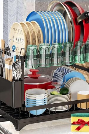 Dish Drying Rack, 2 Tier Large Dish Drying Rack for Kitchen Counter with Drainboard Stainless Steel Dish Drainer for Dish/Knifes/Cup/Cutting Board, Black