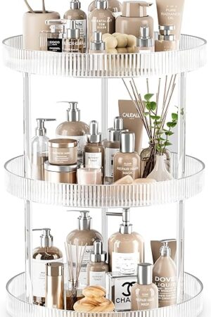 3 Tier Lazy Susan Bathroom Countertop Organizer, 360° Clear Rotating Makeup Cosmetic Perfume Storage Tray, Spinning Vanity Organizer Shelf for Bathroom Cabinet, Dresser, Kitchen(Large)