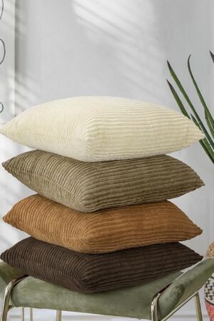 Corduroy Throw Pillow Covers 18x18, Set of 4 Multi-Color Matching Square Soft Throw Pillow Cases Modern Stripes Couch Pillows for Living Room Home Bedroom Sofa Car Office Decor, 45x45cm/Brown