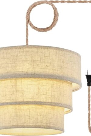 XININSUN 3-Tier Drum Linen Plug in Pendant Light with15ft Hemp Rope Cord E26 Dimmer Switch Hanging Lights Fixture Plug in Chandelier for Kitchen Island Dining Room Entryway Hallway-1Pack