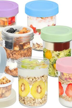 16 oz Overnight Oats Containers with Airtight Lids - 6-Pack Leak-Proof Wide Mouth Mason Jars & Divided Cups for Dried and Wet Foods, Glass Jars for Chia Pudding, Salad, Snacks, and Yogurt