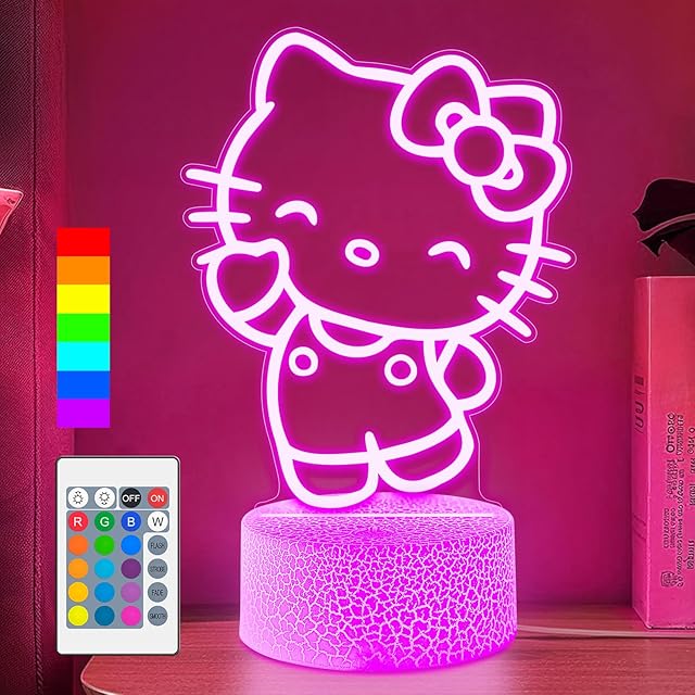Cute Cat Night Light - Anime Charater Kitty Decor Lamp with 16 Colors Change, Remote, Dim Control, 3D Illusion LED Light for Kids Gifts Party Birthday Decoration