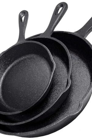 Cast Iron Skillet 3-Piece Set - Heavy-Duty Professional Restaurant Chef Quality Pre-Seasoned Pan Cookware Set - 10", 8", 6" Pans - For Frying, Saute, Cooking, Pizza & More,Black