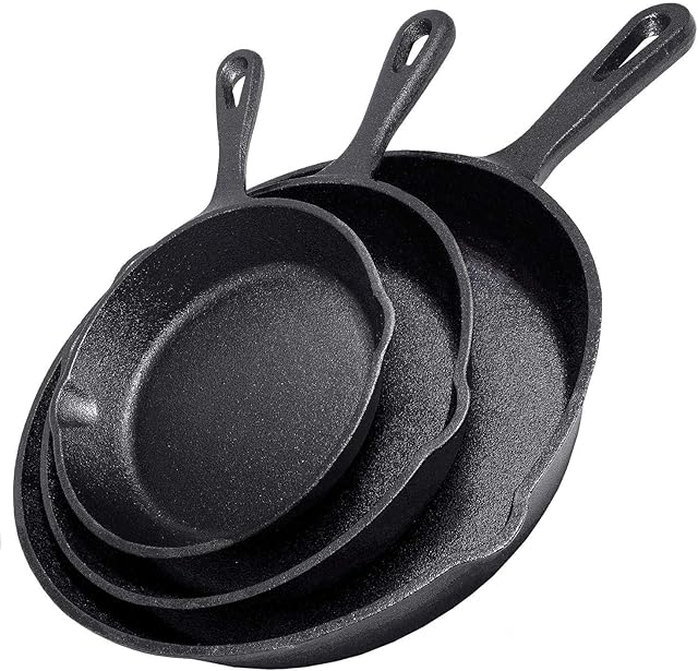 Cast Iron Skillet 3-Piece Set - Heavy-Duty Professional Restaurant Chef Quality Pre-Seasoned Pan Cookware Set - 10", 8", 6" Pans - For Frying, Saute, Cooking, Pizza & More,Black