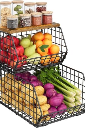 X-cosrack 2-Tier Stackable Wire Baskets for with Wood Lid, Wall Hanging Baskets for Potato and Onion Storage, Fruit Basket for Kitchen Counter, Metal Baskets for Snack Produce Cans