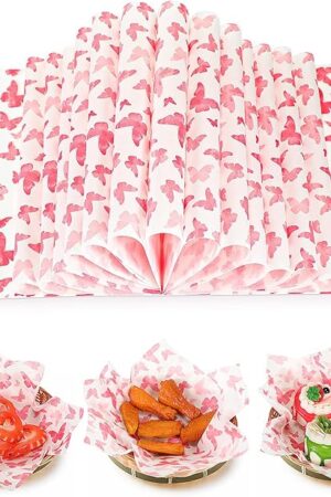 150 Pcs Wax Paper Sheets for Food Butterfly Deli Baking Wrapping Wax Paper Sheets Greaseproof Printed Picnic Wrap Tissue for Hamburger Basket Sandwich Holiday Birthday Party Dessert(Pink)