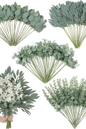 120 Pcs 4 Kinds Mixed Artificial Eucalyptus Leaves Stems Bulk Fake Silver Dollar Eucalyptus Bundle Faux Plants Greenery for DIY Bouquets Floral Arrangement Wedding Engagement Party Decor (Green)
