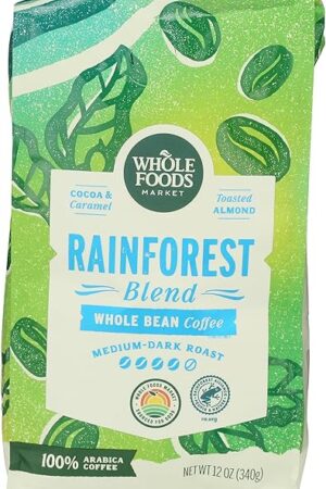 Whole Foods Market, Rainforest Blend Medium-Dark Roast Whole Bean Coffee, Cocoa, Caramel & Toasted Almond, 12 Ounce
