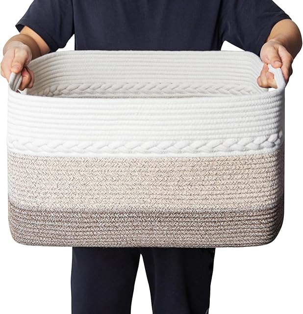 Ollieroo XXXXL Soft Woven Rope Laundry Hamper, Extra Large Laundry Basket with Handles, Collapsible Cotton Closet Storage Bins for Shelves, Toys, Pillows, Blankets, Clothes and Towels(Gradient Brown)