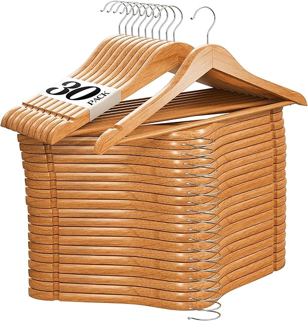 Home It Wooden Hangers 30 Pack - Natural Wood Durable Heavy Duty Coat Hangers Non Slip for Jacket, Shirt, Pants and Suit - Premium Solid Clothes Hangers for Closet with Chrome Swivel Hook