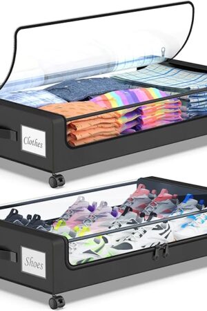 Beborxue Under Bed Storage with Wheels, 2-Pack Under the Bed Storage Containers with Lids, XXL 60L Under Bed Shoes Storage Organizer Bins, Rolling Underbed Storage for Clothes, Shoes, Blankets (Black)