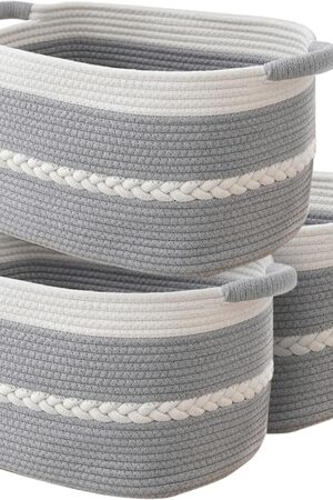 Cotton Rope Storage Basket, Rectangle Woven Baskets with Handles for Shelves, Home Organizer Storage Bins Cubes, Toy Laundry Towel Basket for Living Room Bathroom, 15x10x9.5 Inches, Pack of 3
