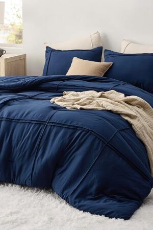 Bedsure Queen Comforter Set 4 Pieces Navy Blue Grid Pinch Pleat Comforter Pillowcases Sheet