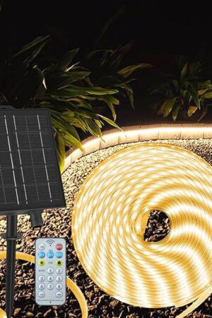 32.8Ft Solar Strip Lights Outdoor, IP68 Fully Waterproof LED Strip Lights with Timer Remote Auto ON/Off, Self-Adhesive Strip Lights for Camping Pool Patio Decor (Warm White)