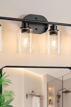 Ascher 4-Light Bathroom Light Fixtures, Modern Vanity Lights with Clear Glass Shade, Matte Black Wall Lamp for Bathroom Mirror Hallway Cabinet Porch