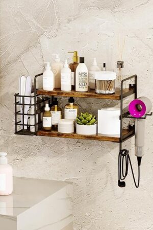 3-in-1 Wall Mounted Hair Dryer Holder with 2 Tier Shelves & Detachable Basket, Space Saving Organizer for Bathroom, Kitchen, Bedroom, Rust-Resistant, Easy Install