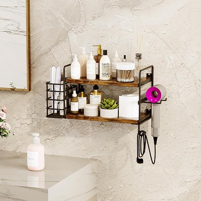 3-in-1 Wall Mounted Hair Dryer Holder with 2 Tier Shelves & Detachable Basket, Space Saving Organizer for Bathroom, Kitchen, Bedroom, Rust-Resistant, Easy Install