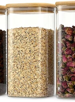 52oz Airtight Glass Square Storage Canister with Bamboo Lid Set of 3 (1550ml) Container Stackable Spice Jar, Kitchen Canister for Flour, Cookies, Cereal and Coffee beans (‎with Black Lable)