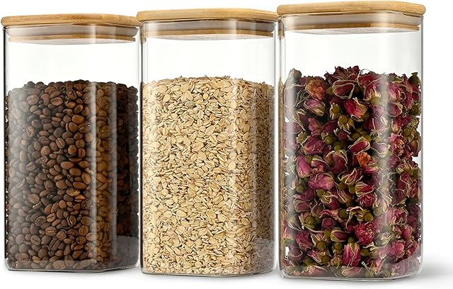 52oz Airtight Glass Square Storage Canister with Bamboo Lid Set of 3 (1550ml) Container Stackable Spice Jar, Kitchen Canister for Flour, Cookies, Cereal and Coffee beans (with Black Lable)