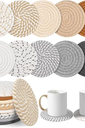 vivinin 10 Psc Cotton Coasters, Absorbent Boho Coasters, Coasters for Drinks, Cup Coasters Woven Coasters, 10-Color Coaster Set for Room Decor Bar Housewarming Gift, 4.3inch