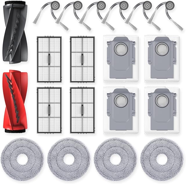 Saros 10R Accessories for Roborock Saros 10R Robot Vacuum, Replacement Parts with 4 Dust Bags, 4 Mop Pads, 4 HEPA Filters, 6 Side Brushes, Dual Zero-Tangling Main Brush