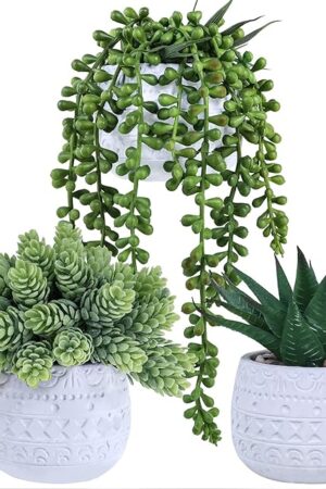 Winlyn 3 Pcs Assorted Small Potted Succulent Plants Artificial Aloe Hanging Succulent in White Geometric Concrete Ceramic Pots for Gift Party Wedding Favors Windowsill Table Shelf Indoor Outdoor Decor