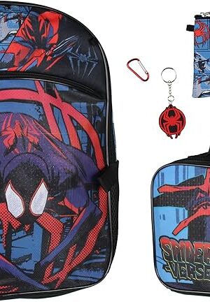 Bioworld Spiderman Backpack Miles Morales Lunch Box Key Chain Pencil Case Carabiner 5 pc Set