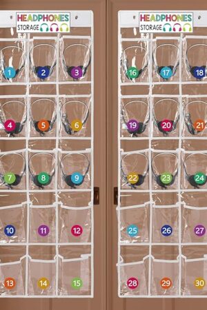 2 Pcs Over The Door Hanging Classroom Headphone Storage Organizer 30 PVC Clear Organizer Holder Pockets with 2 Pcs Headphone Storage Cards with Digital Stickers for Library Door Hanger