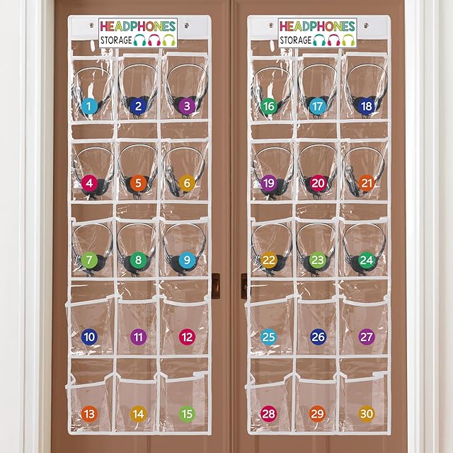 2 Pcs Over The Door Hanging Classroom Headphone Storage Organizer 30 PVC Clear Organizer Holder Pockets with 2 Pcs Headphone Storage Cards with Digital Stickers for Library Door Hanger