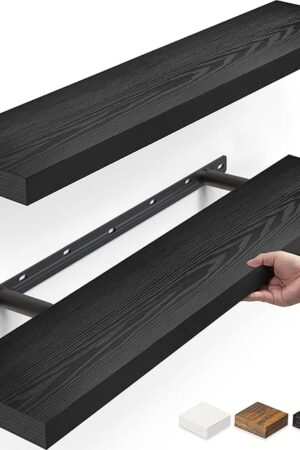 BAYKA Floating Shelves for Wall, 22.5" Wall Mounted Rustic Wood Shelves for Bathroom, Bedroom, Living Room, Kitchen, Office, Hanging Shelf for Books/Storage/Room Decor Capacity (Black, Set of 2)